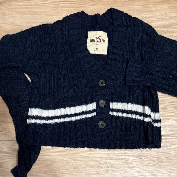 Hollister Sweaters - Hollister Dark Blue V Neck Cardigan Sweater with White Stripe